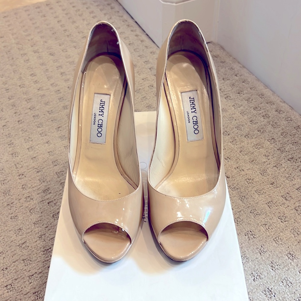 Jimmy Choo Patent Leather Nude Shoes with 3 inch heel. Worn. Good condition.